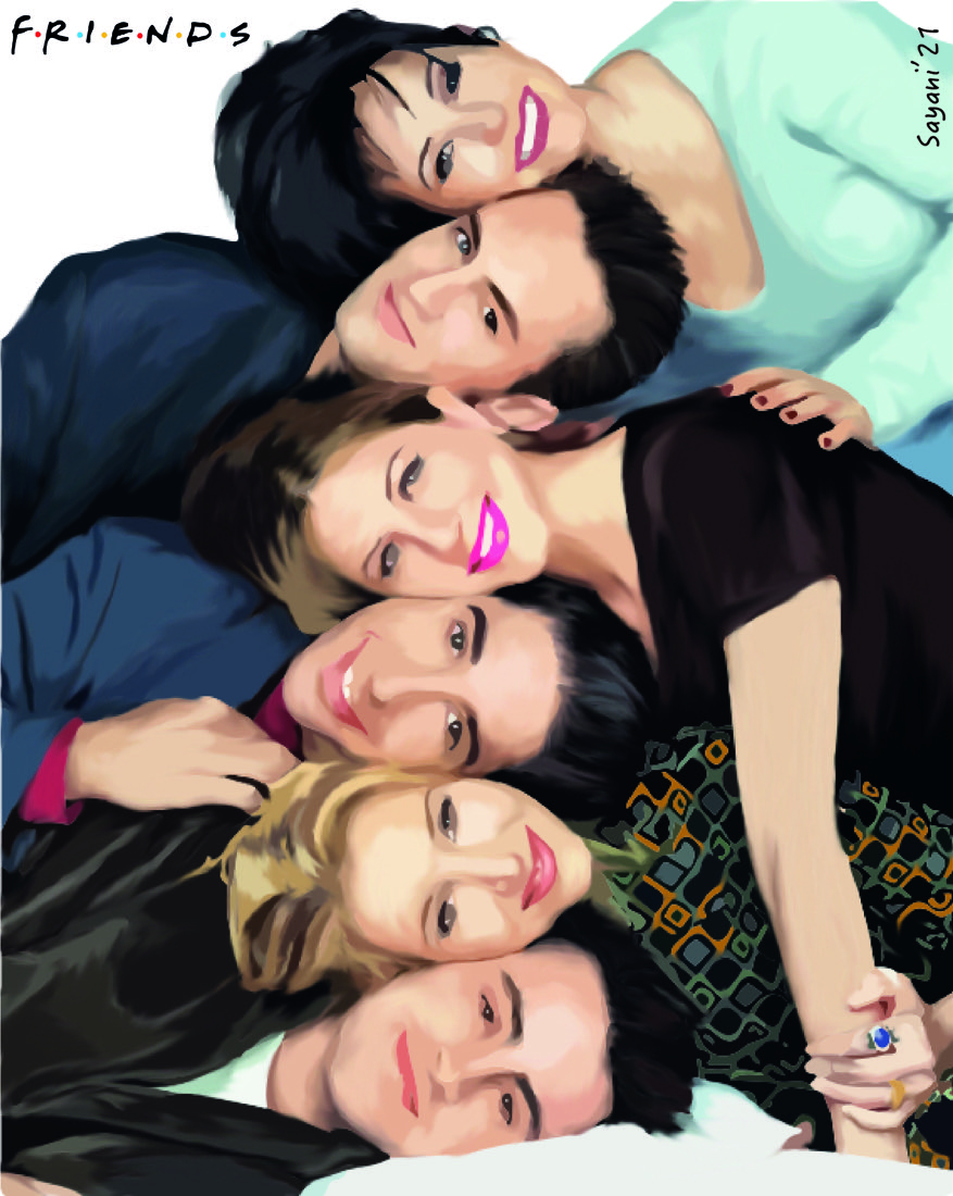 Digital painting of the six Friends cast members lying in a circle, heads together