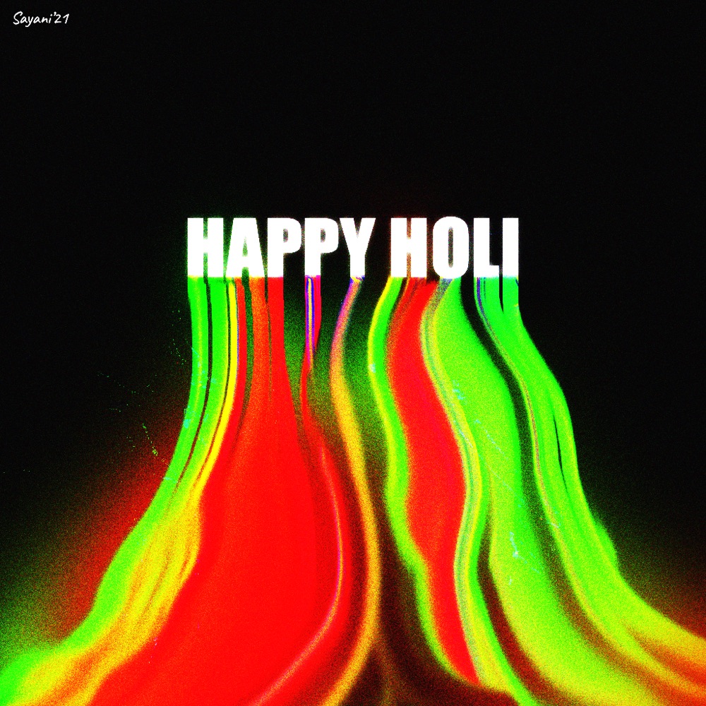 Happy Holi poster — red and green colour trails dripping from glitched white type on black