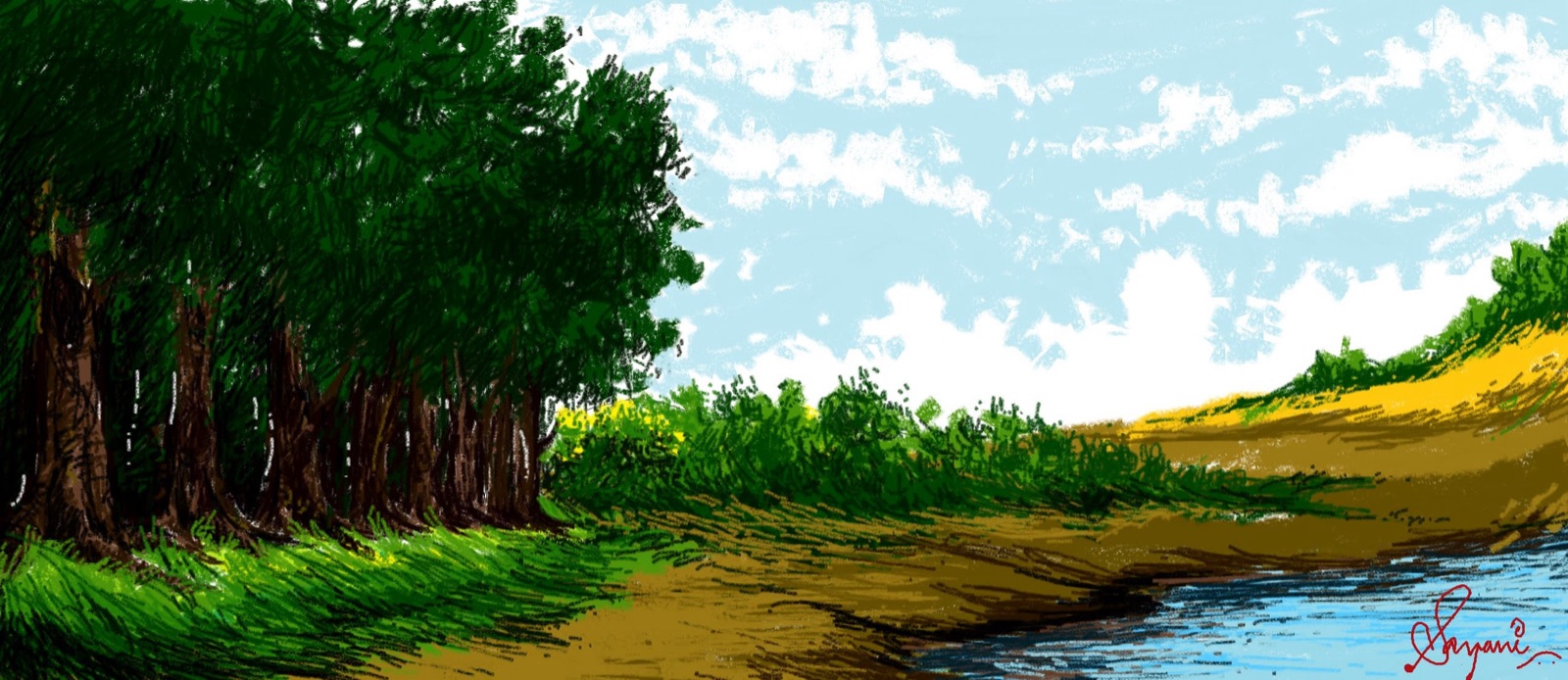 Landscape of trees along a riverbank, painted stroke by stroke in MS Paint