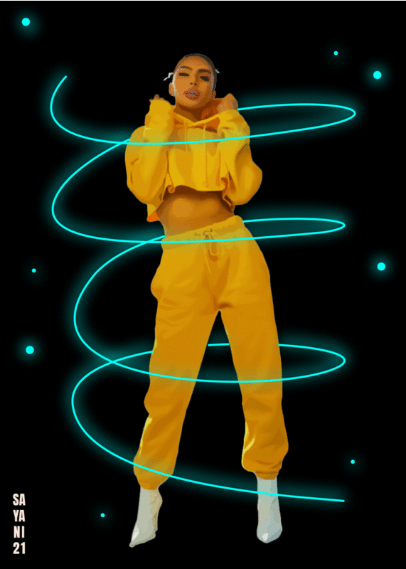 Animated illustration of a dancer in a yellow tracksuit wrapped in a glowing neon spiral