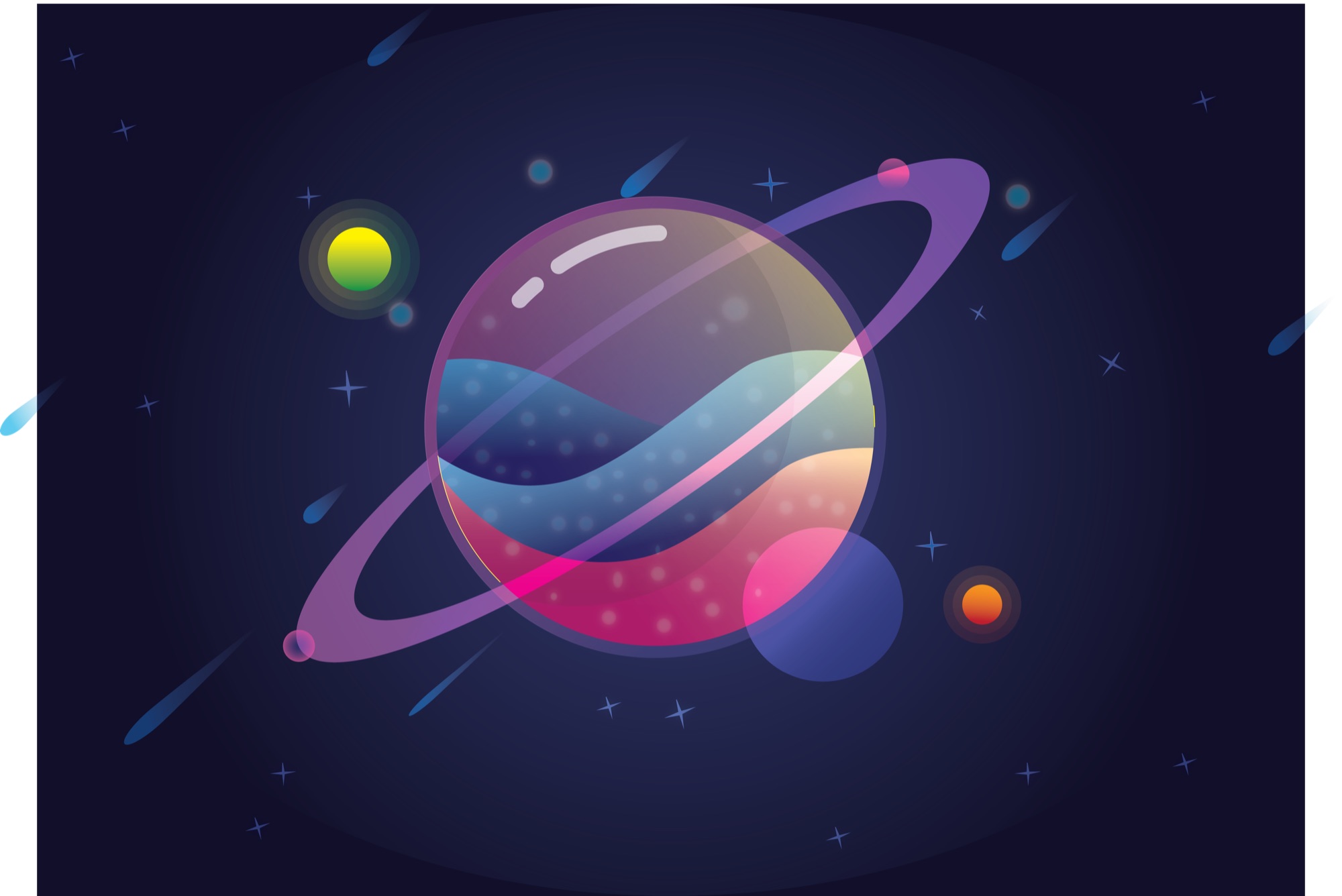 A glassy ringed planet in deep blue space — one of my vector illustrations