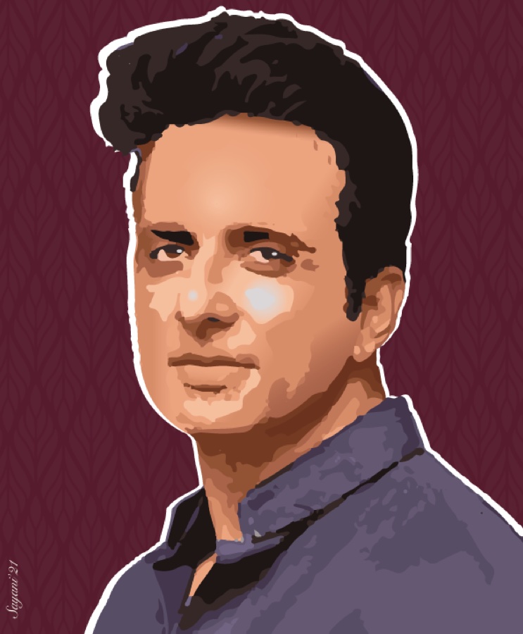 Vector portrait of Sonu Sood on a deep maroon patterned background