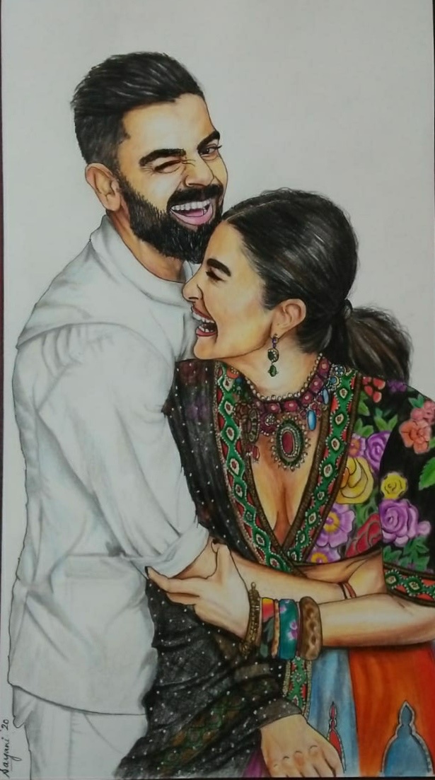Colour-pencil portrait of Virat Kohli and Anushka Sharma laughing together