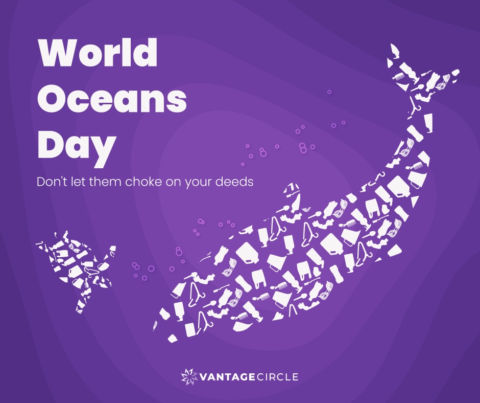 World Oceans Day social graphic — a whale silhouette filled with plastic waste on a purple background