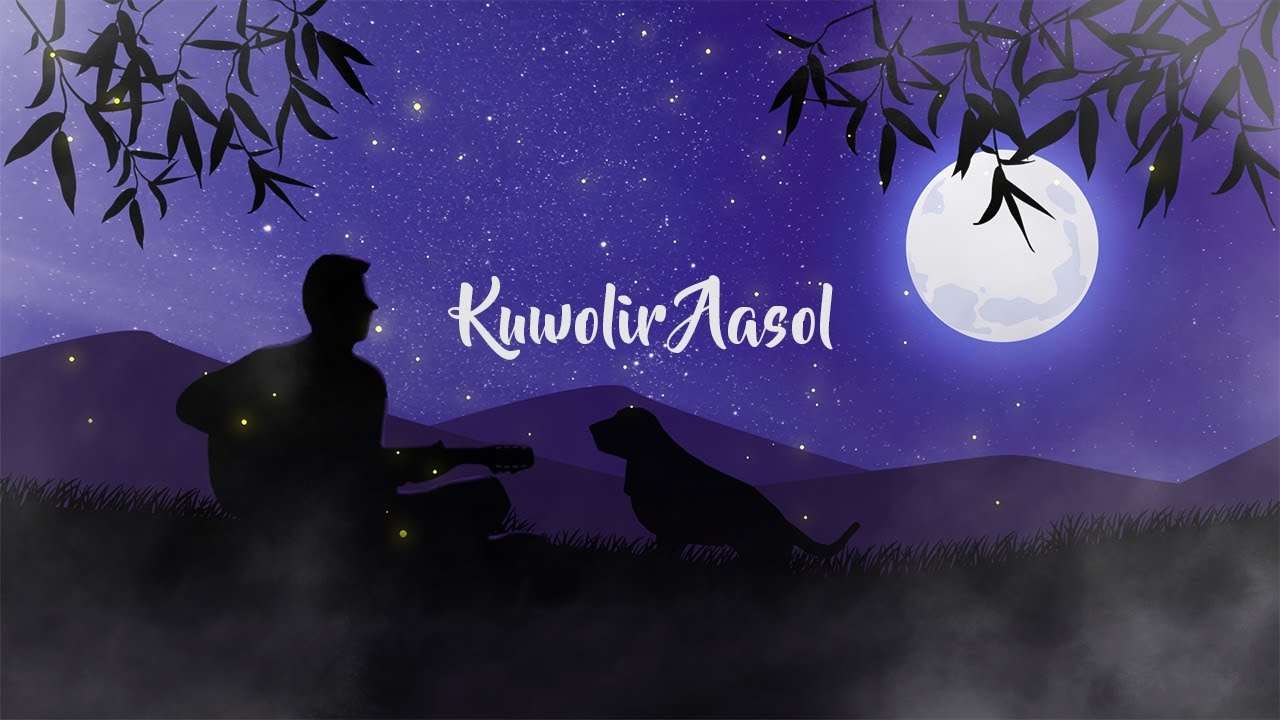 Kuwolir Aasol artwork — a silhouetted guitarist and his dog under a full moon and fireflies