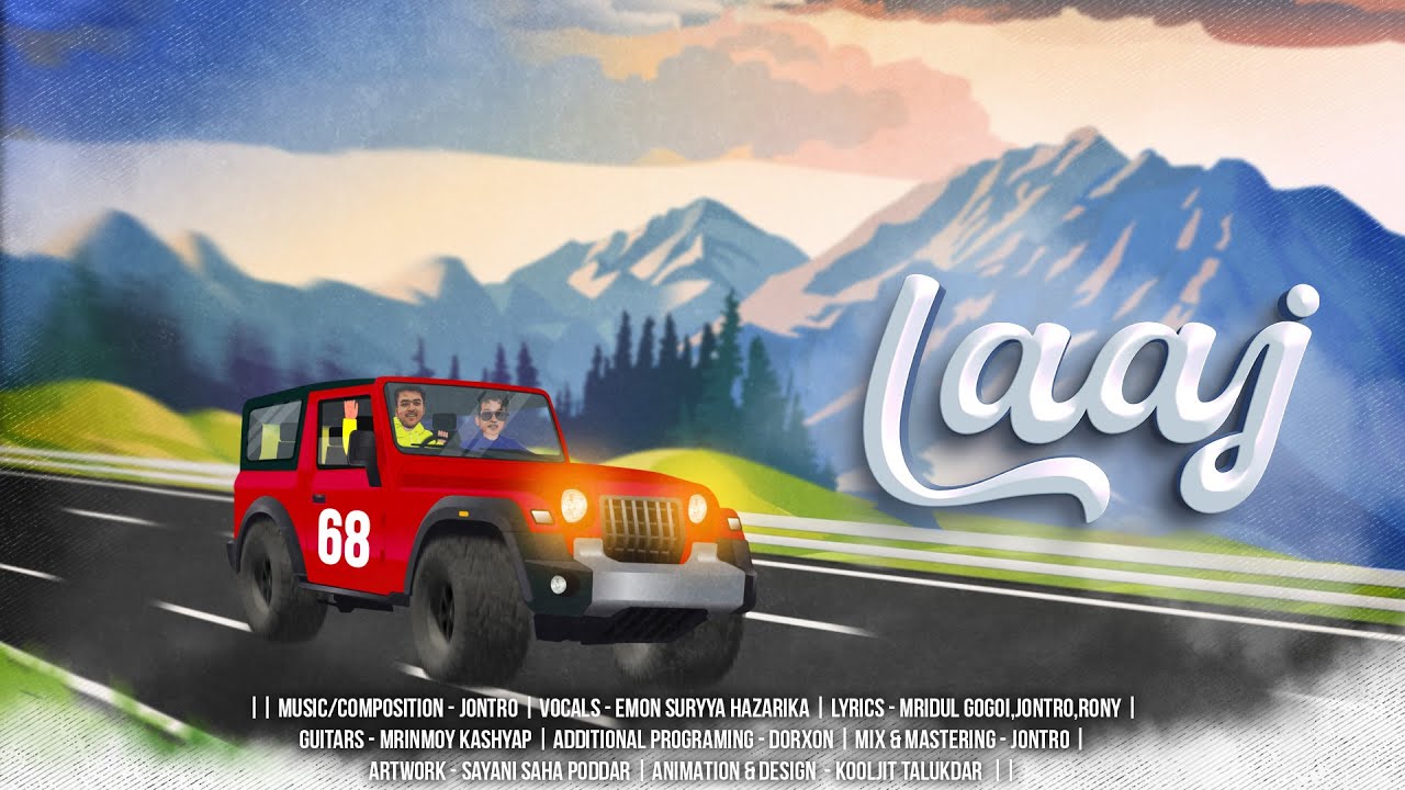 LAAJ artwork — a red jeep numbered 68 driving a mountain highway, hand-lettered title in the sky