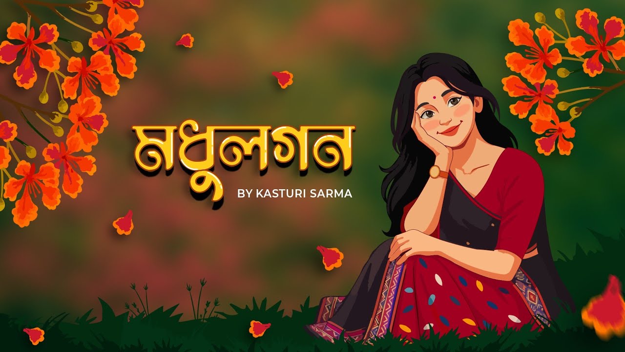 Modhulogon cover art — an illustrated woman in a red mekhela sador sitting under falling orange blossoms