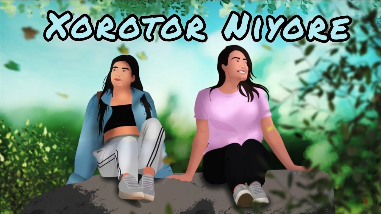 Xorotor Niyore artwork — two illustrated girls sitting on a rock among windblown leaves
