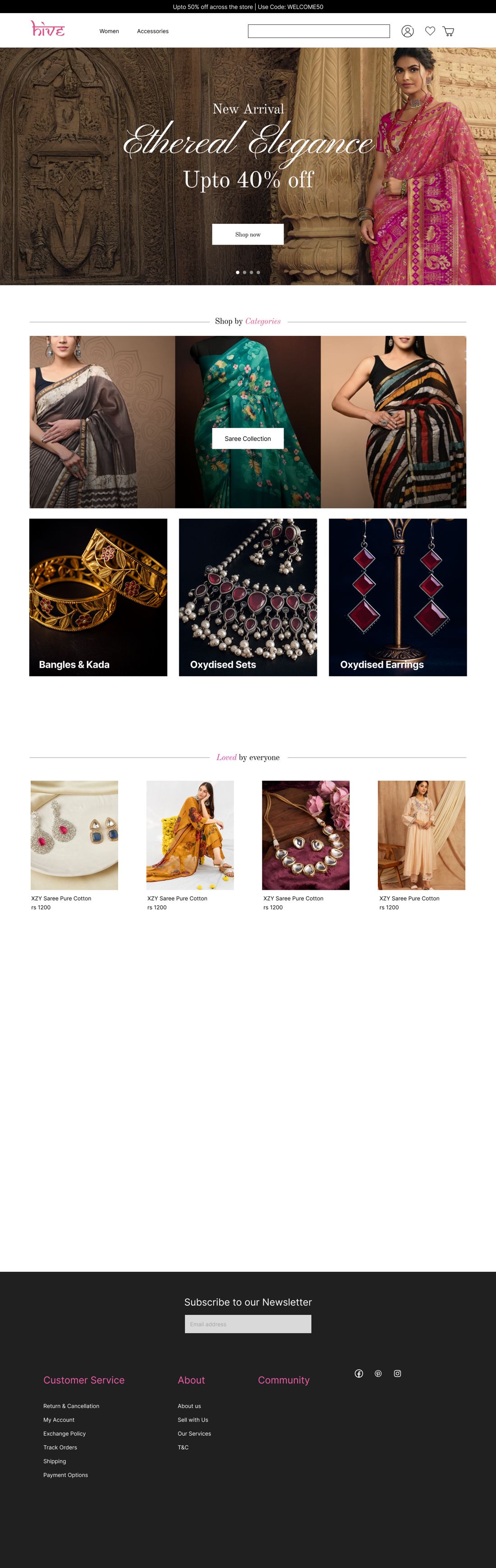 The full Lina Hive homepage design — hero banner, category tiles, jewellery collections, product rows and footer