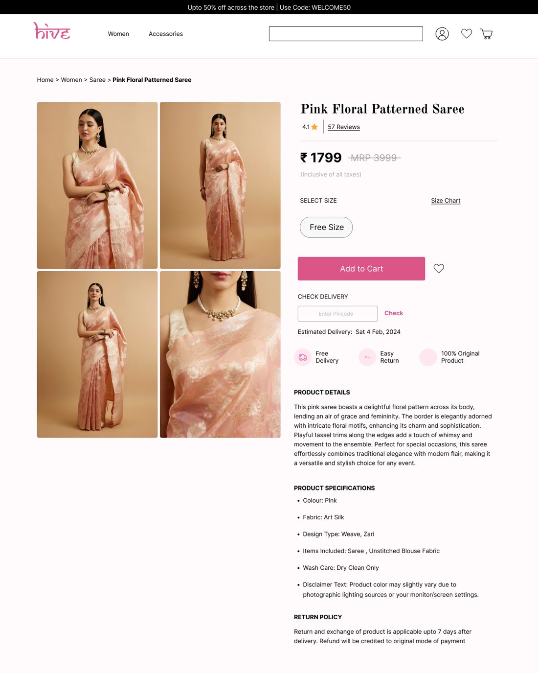 The product page design — a four-image gallery beside price, size, delivery check and product details