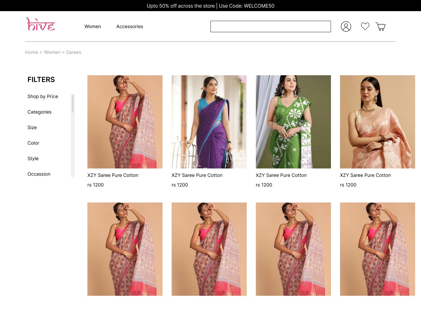 The product listing design — a filter rail on the left, a four-column saree grid on the right