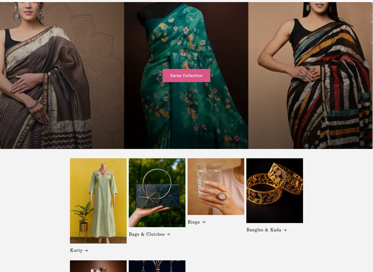 The live site's category section — three saree photographs behind a Saree Collection button