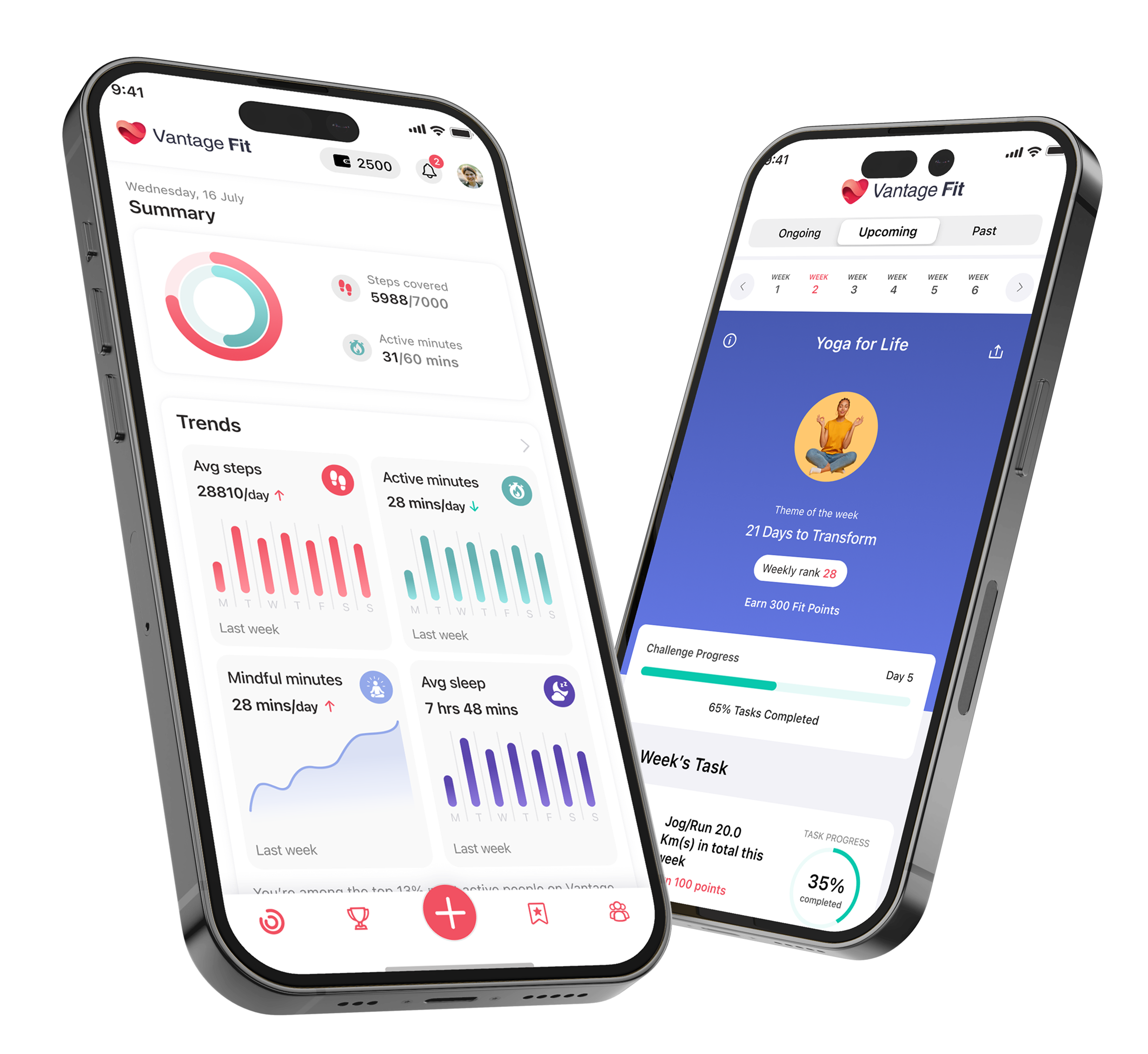 Vantage Fit app shown on two phones — home and challenge screens