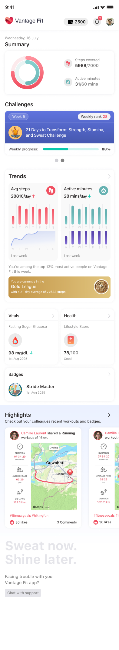 The redesigned Vantage Fit app home screen