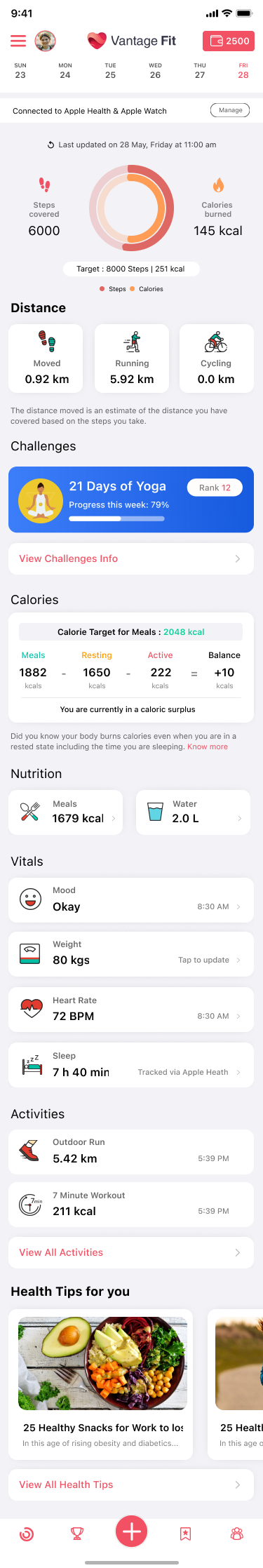 The previous Vantage Fit app home screen