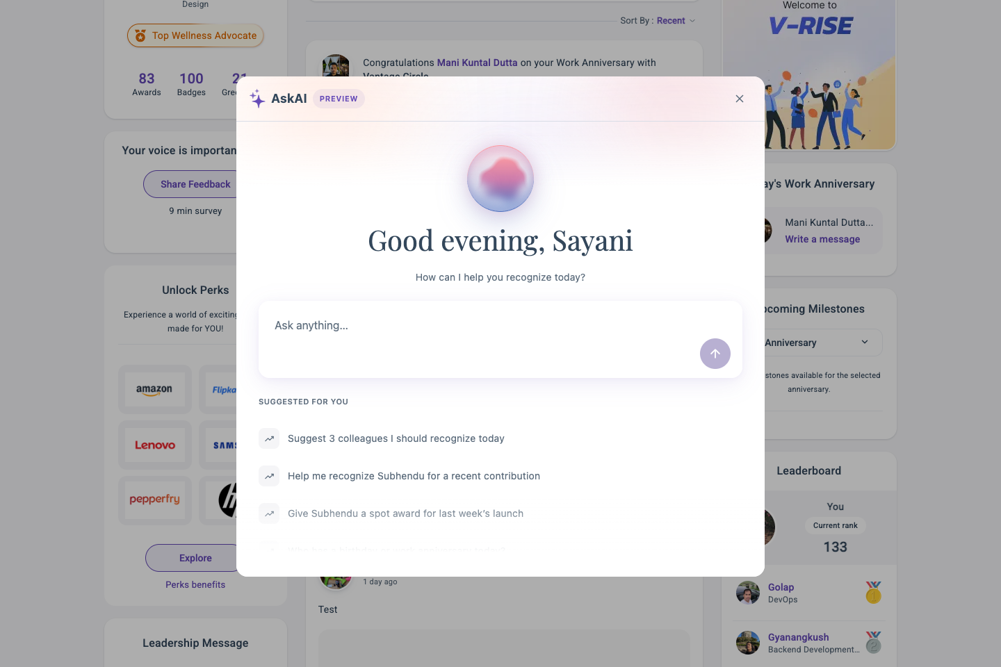 The AskVee AI recognition assistant, open over the Vantage Circle feed
