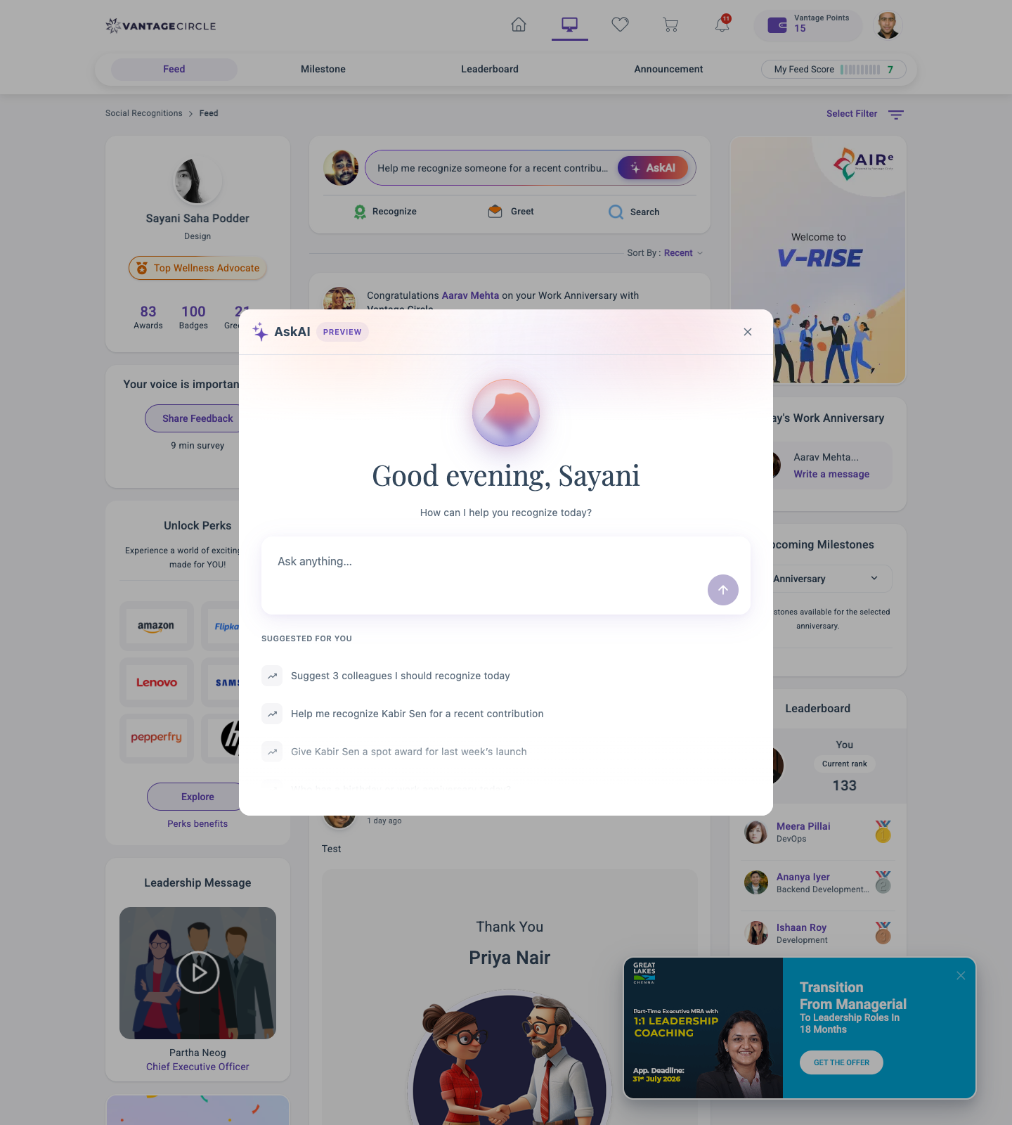 The AskVee AI recognition assistant, open over the Vantage Circle feed
