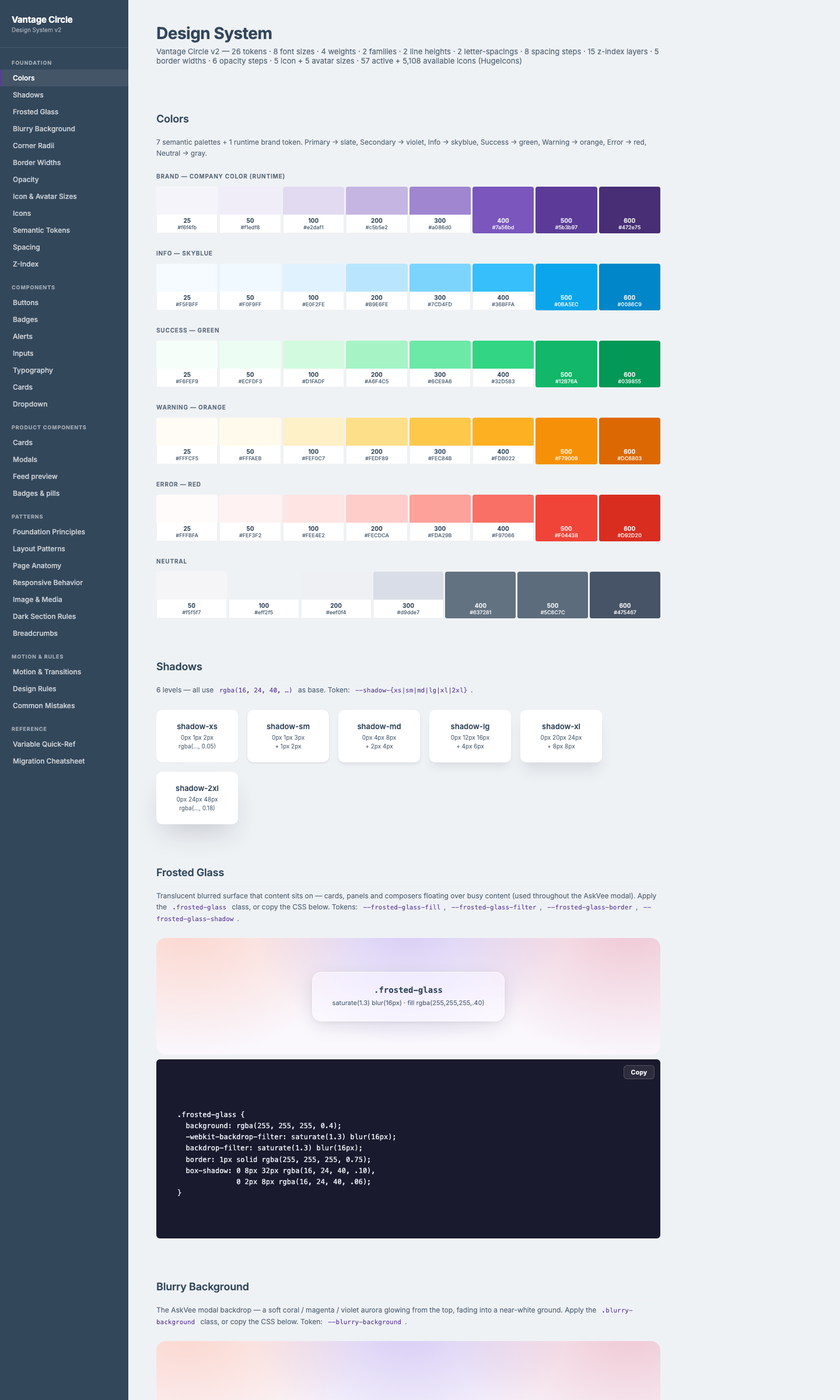 The design-system showcase — token palettes, shadows, frosted glass, components
