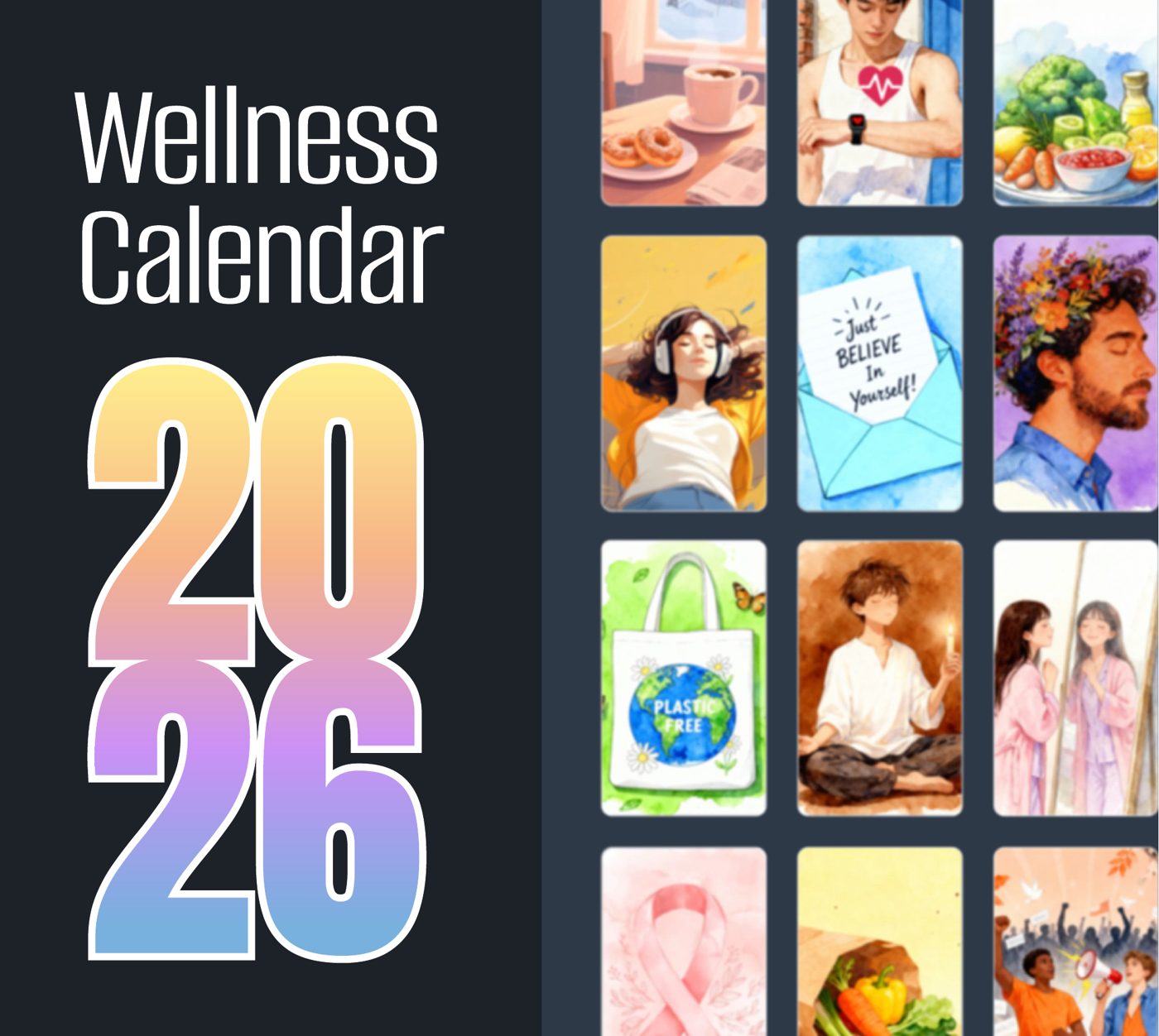 The Wellness Calendar 2026 cover with its grid of watercolor illustrations