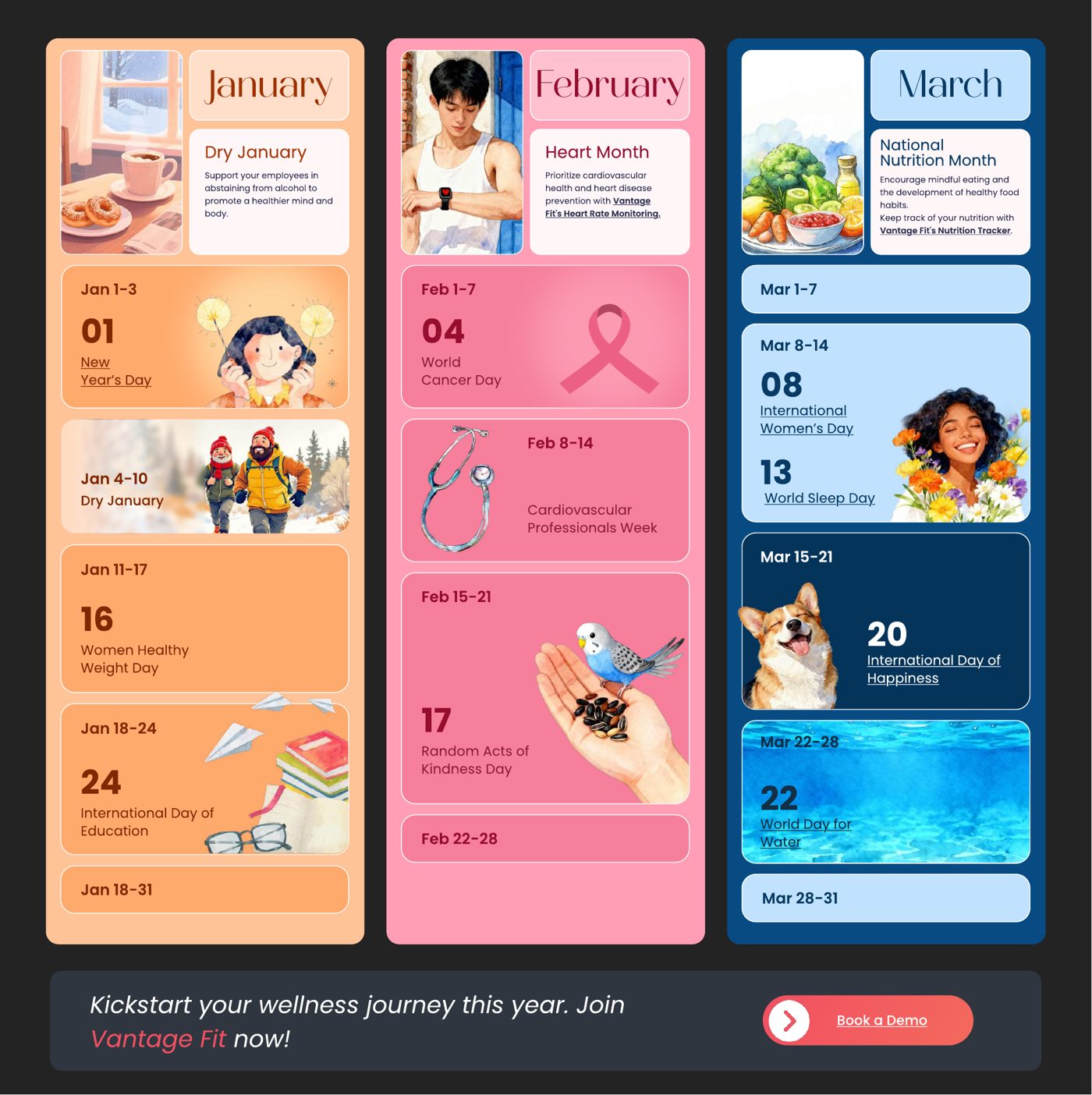 Wellness Calendar 2026 — the same three months rebuilt with watercolor illustrations and month-by-month palettes