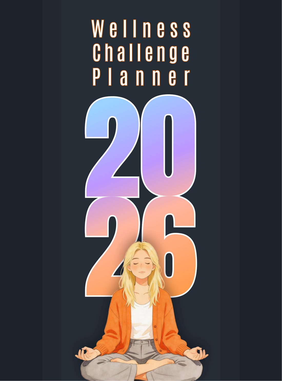 Wellness Challenge Planner 2026 cover — gradient numerals behind a watercolor figure meditating
